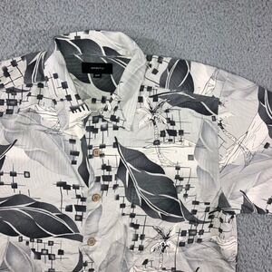 Vintage Hawaiian Shirt Men Medium Gray Silk Tropical Geometric S/S 90s Vacation